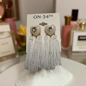 New ON·34TH White/Cream and goldtone Heart Dangle Earrings